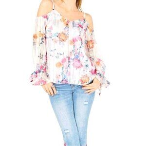 INC Floral International Concepts Cold Shoulder Blouse Sheer Long Sleeves Medium
